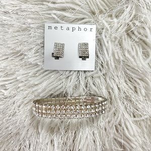 RHINESTONE CLIP ON EARRINGS AND BRACELET SET IN SILVER